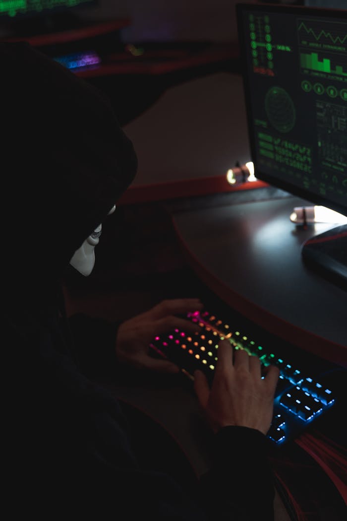 An anonymous hacker in a black hoodie typing on a colorful RGB keyboard, highlighting cybersecurity themes.