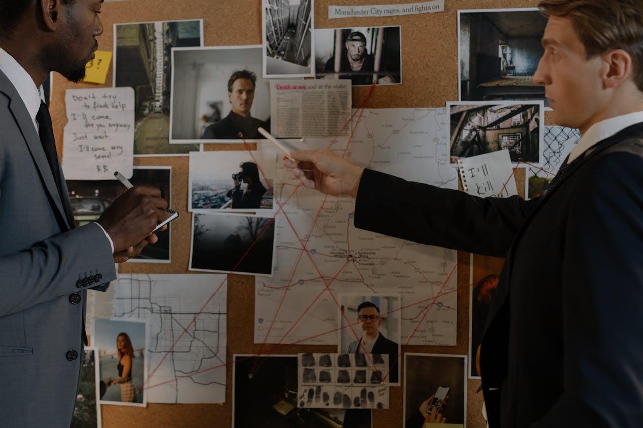 Two detectives analyze a crime board filled with photos, maps, and notes for an investigation.
